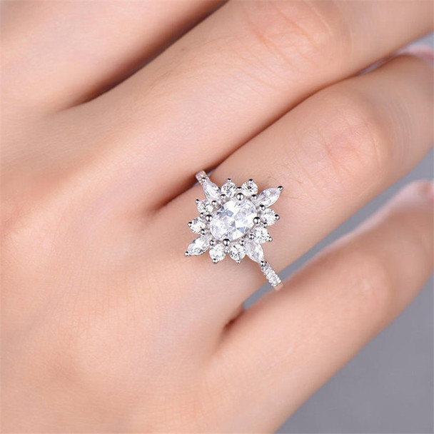 White Gold Plated Engagement Ring 6*8mm Oval Cut CZ Floral Wedding Ring 