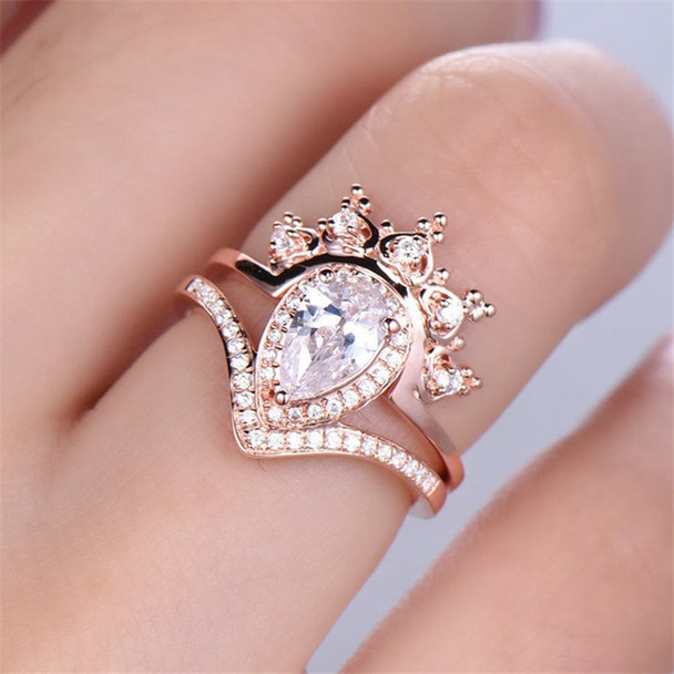 Crown Ring Set CZ  Ring 5*8mm Pear Cut Engagement Ring Wedding Band