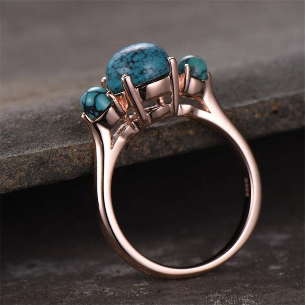 Turquoise Ring 3 Stone Engagement Ring Plain Gold Band 7.5mm Round Cut Wedding Ring 