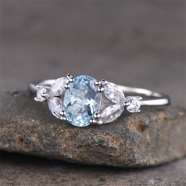 Oval Aquamarine Ring  Engagement Ring Sterling Silver Bridal Ring Wedding Ring