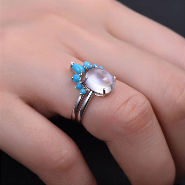 Sterling Silver Ring Moonstone and Turquoise Wedding Set Rainbow Moonstone Bridal Ring