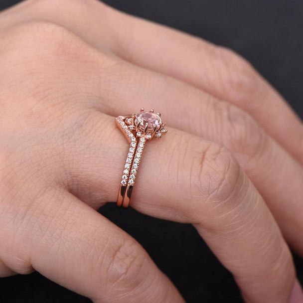 Pink Morganite Ring Set Rose Gold Plated Round Cut Wedding Band Aniversary Gift 