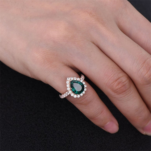 Emerald Ring Rose Gold Pear Cut  May Birthstone Ring Full Eternity Band