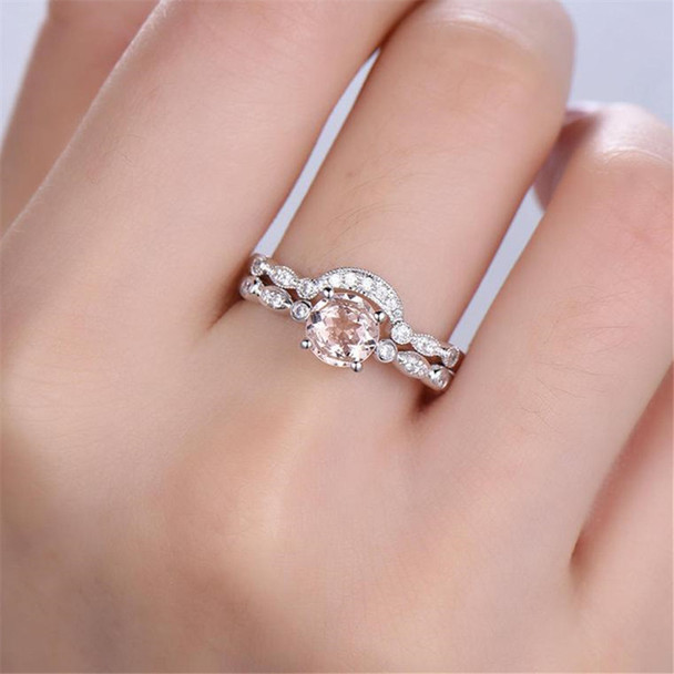 Morganite Bridal Set 6.5mm Round Solitaire Engagement Ring Wedding Band 