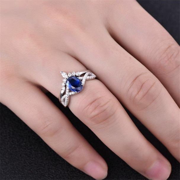 Sapphire Wedding Set Oval Blue Engagement Ring Twist Band Crown Matching Ring