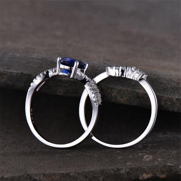 Sapphire Wedding Set Oval Blue Engagement Ring Twist Band Crown Matching Ring