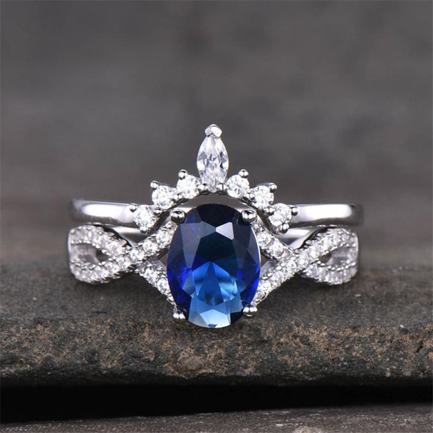 Sapphire Wedding Set Oval Blue Engagement Ring Twist Band Crown Matching Ring