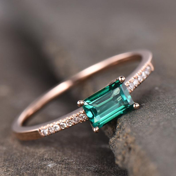 Baguette Emerald Ring Promise Ring Rose Gold Plated Sterling Silver Wedding Gemstone Ring