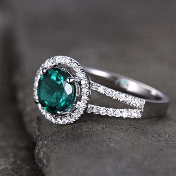 Emerald Engagement Ring 7mm Round Cut CZ Sterling Silver Wedding Bridal Ring 