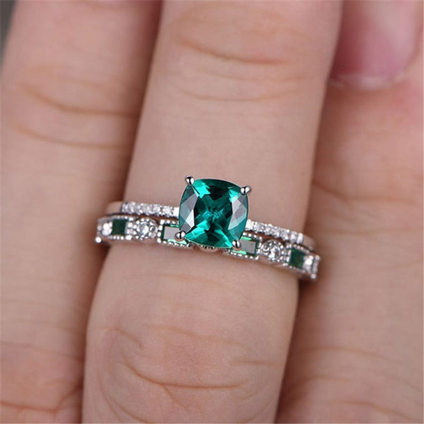 Sterling Silver Ring Set Cushoin Cut Green Emerald Engagement Ring Wedding Ring