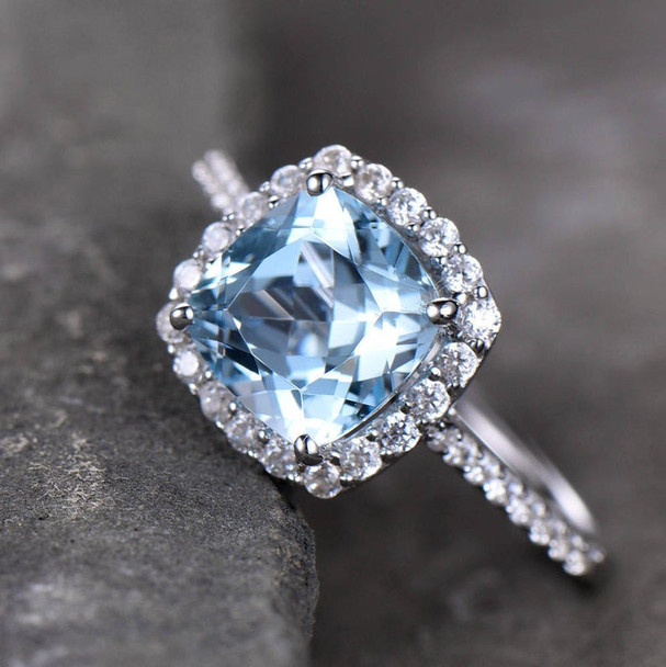 Blue Topaz Engagement Ring 8mm Cushion Cut Blue Gemstone CZ Promise Ring