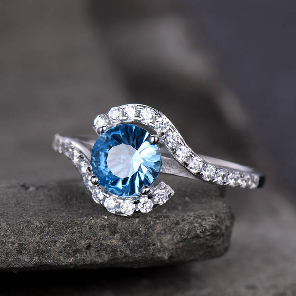 Unique Blue Topaz Engagement Ring 7mm Round Gemstone Promise Ring Curve Ring 