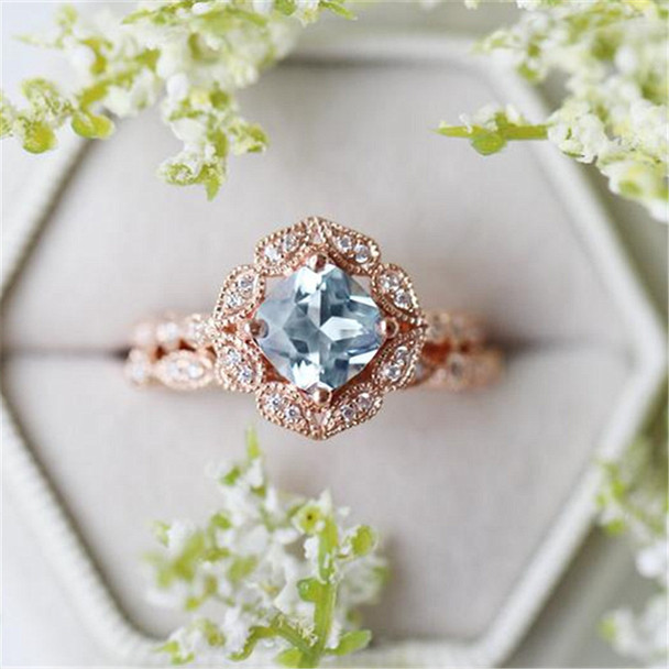 Art Deco Aquamarine Ring Set Silver Engagement Ring Set Wedding Ring Set