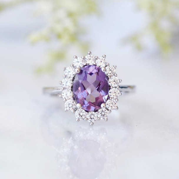 Oval Amethyst Ring Sterling Silver Ring Amethyst Ring Halo Anniversary Ring
