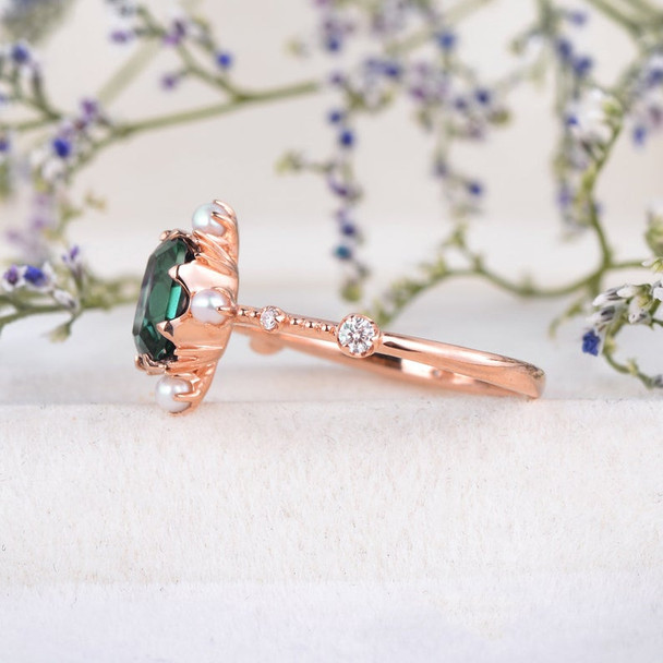 Rose Gold Lab Emerald Engagement Ring Art Deco Band Vintage Ring Antique Ring