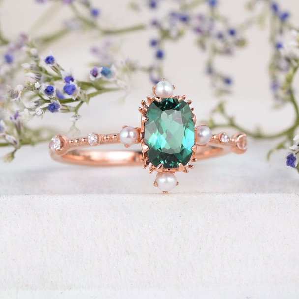 Rose Gold Lab Emerald Engagement Ring Art Deco Band Vintage Ring Antique Ring