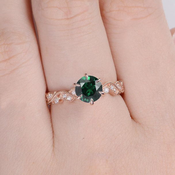 6.5mm Lab Emerald Ring Floral Vine Leaf Vintage Ring May Birthstone Engagement Ring