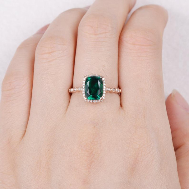 9x7mm Cushion Cut Lab Emerald Engagement Ring Halo Diamond Art Deco Half Eternity May Birthstone Ring