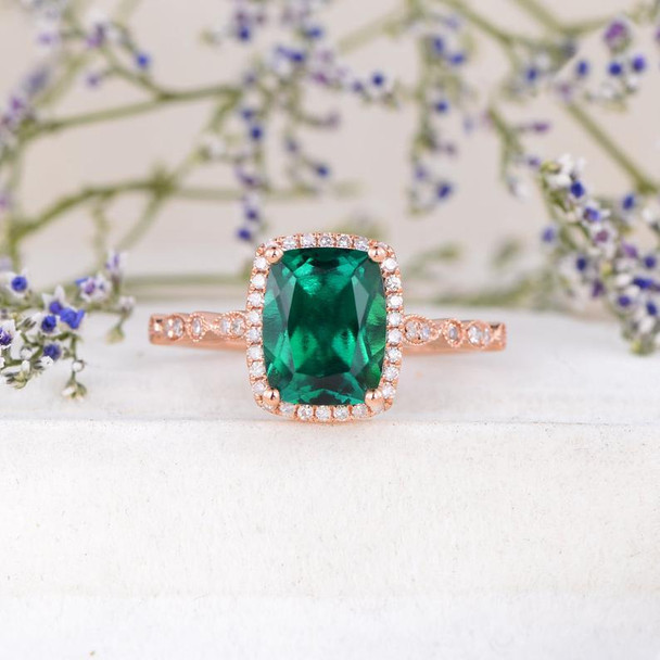 9x7mm Cushion Cut Lab Emerald Engagement Ring Halo Diamond Art Deco Half Eternity May Birthstone Ring