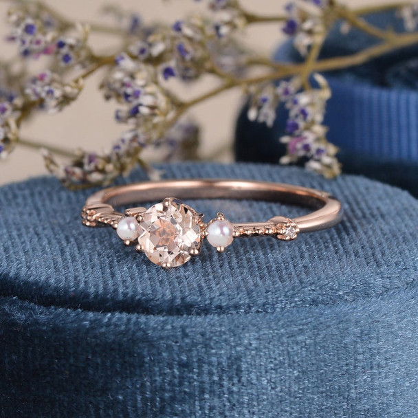 Morganite And Pearl Ring Dainty Diamond Art Deco Band Beaded Three Stone Bridal Wedding Ring