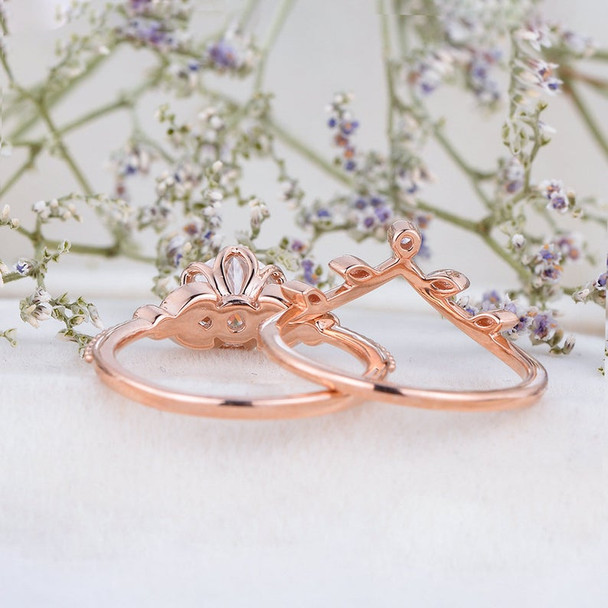 Leaf Moissanite Engagement Ring Set 6.5mm Round Cut Rose Gold Moissanite Bridal Set