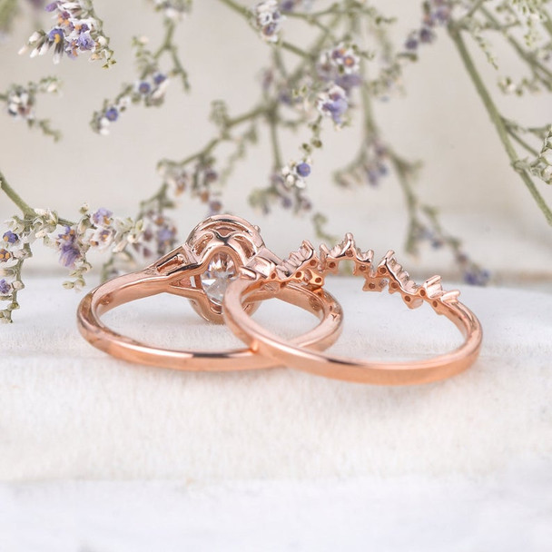 5x7mm Oval Cut Moissanite Engagement Ring Rose Gold Art Deco Bridal Ring Set