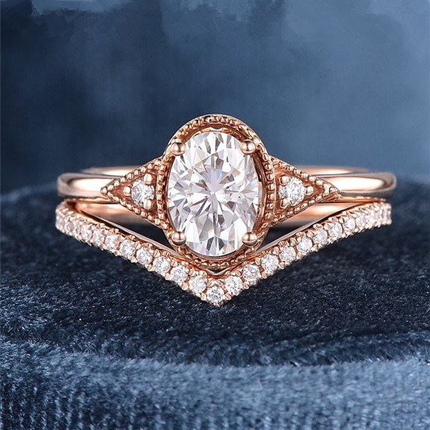 Rose Gold Art Deco Bridal Set 5x7mm Oval Cut Moissanite Engagement Ring Set