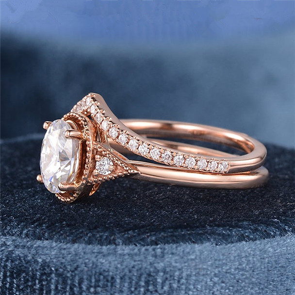 Rose Gold Art Deco Bridal Set 5x7mm Oval Cut Moissanite Engagement Ring Set