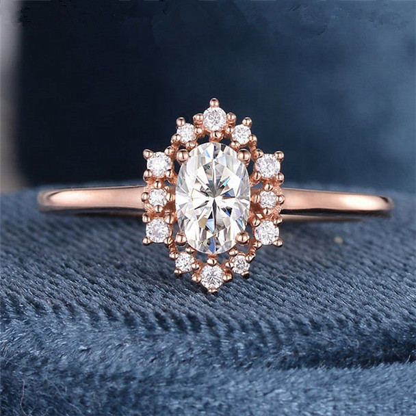 Rose Gold Cluster Moissanite Art Deco Oval Cut Engagement Ring Wedding Ring