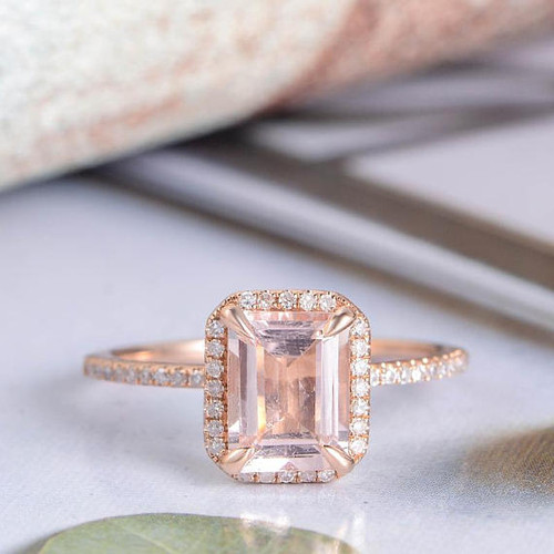 6*8mm Emerald Cut Morganite Rose Gold Wedding Ring