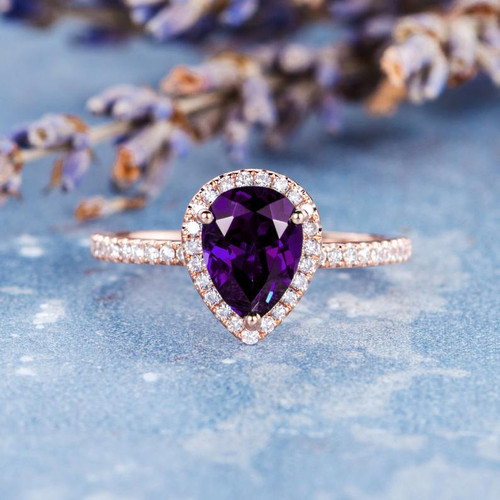 Pear Shaped Engagement Ring Rose Gold Amethyst Ring for Women February ...