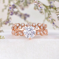 Rose Gold Moissanite Engagement Ring Art Deco Moissanite Ring Unique Band Milgrain Set 