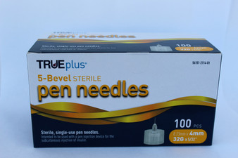 TRUEplus 5-Bevel Sterile, Single-Use Pen Needles, 32g, 4mm (5/32 inch) - 100 Pack