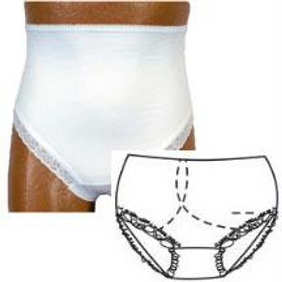Options Ladies' Brief With Open Crotch And Built-in Barrier/support, White, Right Stoma, Small 4-5, Hips 33"-37"