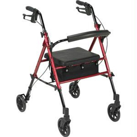 4-wheel Rollator Red, 6" Casters, Aluminum