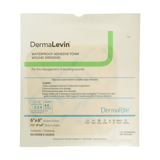 Dermalevin Waterproof Foam Dressing With Border, 6" X 6"