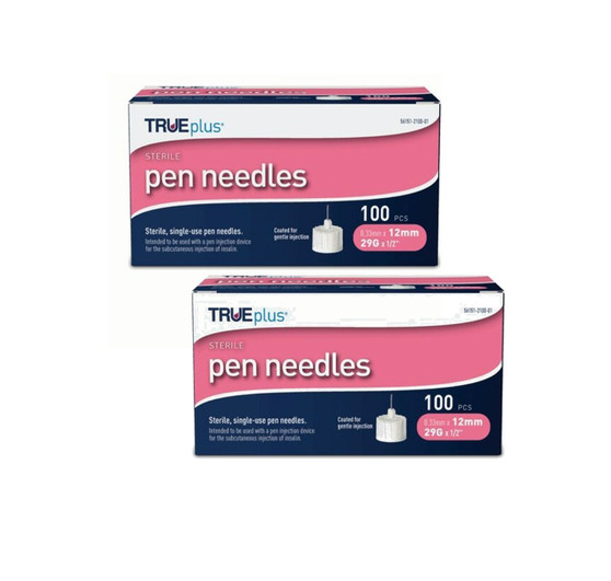 TRUEplus Sterile, Single-Use Pen Needles, 29g, 12mm (1/2 inch) - 2 Pack