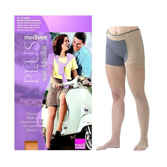 Mediven Plus Thigh High With Waist Attachment, 20-30, Left Leg, Open, Beige, Size 7