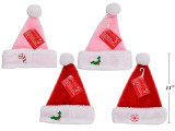 Santa Hat 11in Baby Plush w/ Embroidery & White Plush Trim. 4 Asst. J-Hook w/Cht., MOQ:12