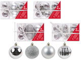 Ornaments Assortment-Balls 6pk 60mm Silver. 4 Asst.Styles. PVC Box w/Bow., MOQ:12