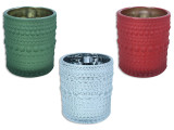 Candle Holder 2.17in(D) x 2.56in(H) Xmas Frosted Dimple Mirrored Glass  3 Cols: Red / Green / Clear., MOQ:24