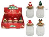Glass Bottle w/Figure Lid. 2in(TD) x 4.25in(H) Xmas Decorative  1-7/8in(BD). 4 Asst. 12/Dsp. English Only, MOQ:12