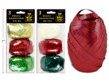Curling Ribbon Roll 3pk 10m 2 Asst.: Hologrpahic: Red/ Gold/ Green + Lacquer: White/ Red/ Green. Pbh, MOQ:12