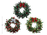 Wreath w/ Ornament Balls & Holographic Bow 10in Xmas Pine + Foil Holly Leaf Tinasel . 3 Asst. Cht., MOQ:12