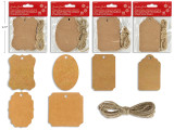 Gift Tags 10pcs Kraft  w/ Jute String. 6 Asst.Styles. Pbh., MOQ:12