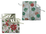 Drawstring Gift Sack Set/2 Xmas Glitter Poinsettia  2 Asst. h/c., MOQ:12