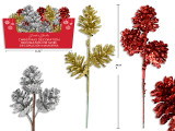 Picks-Heads Glitter Pine Cone 7in  3 Asst: Gold / Red / Silver. 48/Dsp, MOQ:48