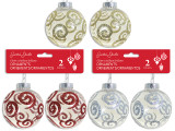 Ornament-Clear Ball 2pk 60mm Xmas Glitter Swirl Outline Tinsel Hanger. 3 Cols. h/c., MOQ:24