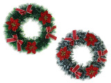 Wreath w/ Ribbon 11.8in Glitter Poinsettia Tinsel Pine . 2 Cols: Green / Snow Tipped Green. Cht., MOQ:12