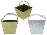 Basket w/Tinsel Ribbon Handle 3.5in(H) x 3.9in(W) FULL Glitter Square Gift 2 Cols. Cht., MOQ:18